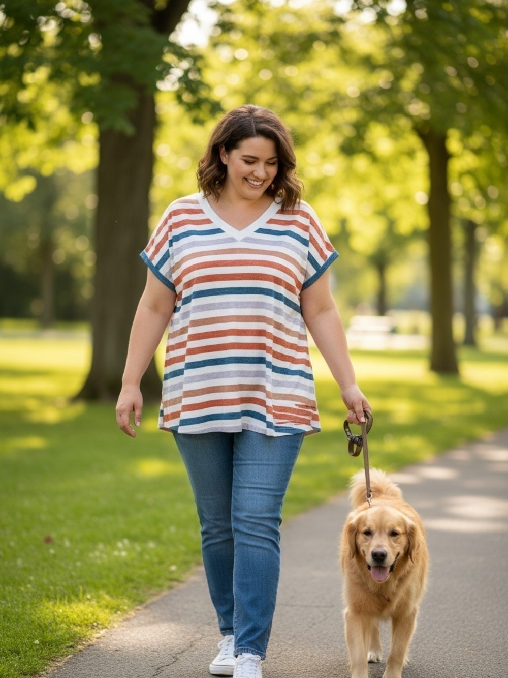 Plus-Size Striped V-Neck Tee in Rust, Teal & White